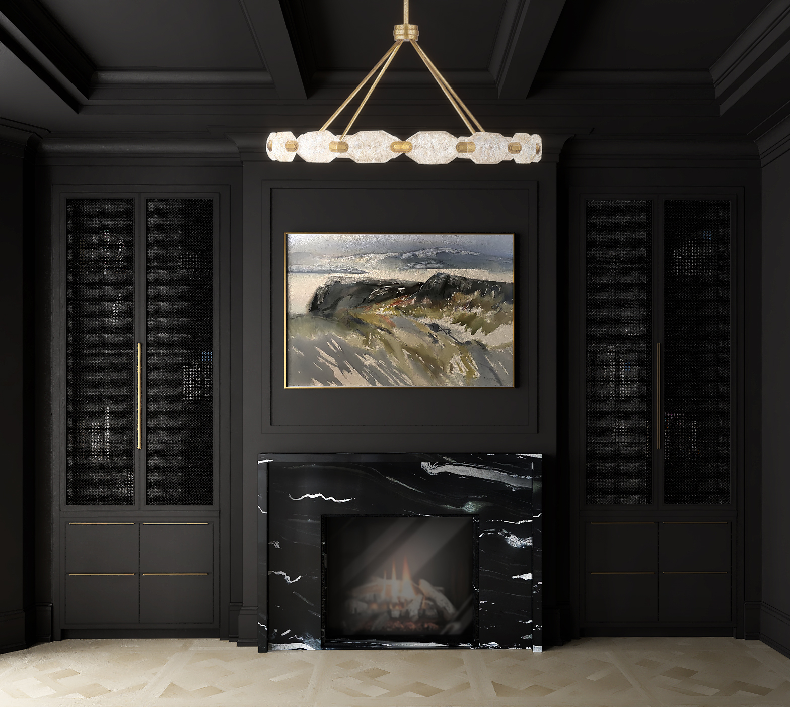 Black marble fireplace against a black wall